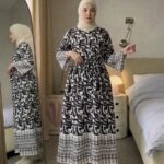 Abstract Print Maxi Dress with Flare Sleeves