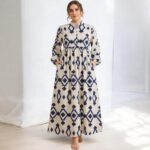 Navy & Cream Ikat Printed Slub Cotton Maxi Dress