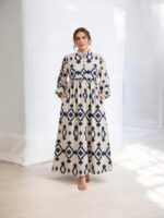 Navy & Cream Ikat Printed Slub Cotton Maxi Dress