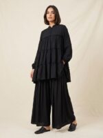 Solid Tiered Babydoll & Wide-Leg Trouser Co-Ord Set