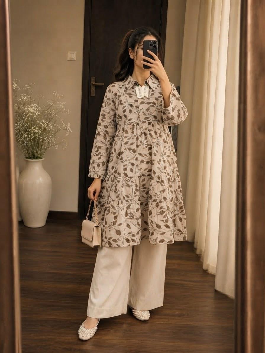 a177889e-24b2-4663-ad4a-7df5b881fccb Premium Slub Cotton Leaf Printed Shirt Dress - Image 1