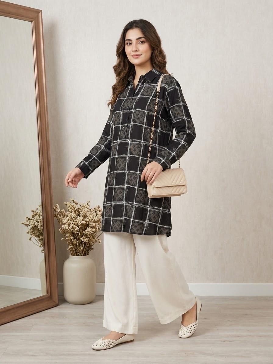 a7204647-2c69-4a1a-84c1-dc42260d68c6 Premium Geometric Grid Checkered Collared Top / Short DressĀ - Image 1