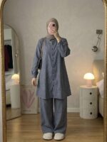Solid Textured Long Line Shirt & Wide-Leg Trousers Co-Ord Set