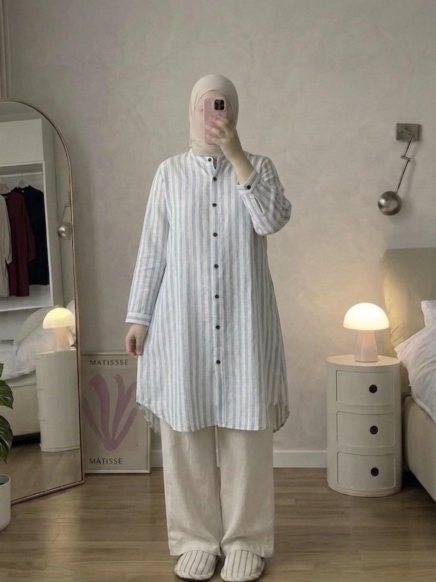 f1d14c08-6455-47ac-b1cb-180f139d96e2 Casual Striped Button-Down Long Tunic Top - Image 1