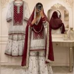Luxurious White & Maroon Embroidered Sharara Set