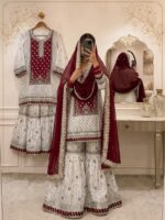 Luxurious White & Maroon Embroidered Sharara Set