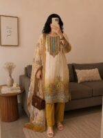 Elegant Cream & Mustard Embroidered 3-Piece Kurti Suit Set