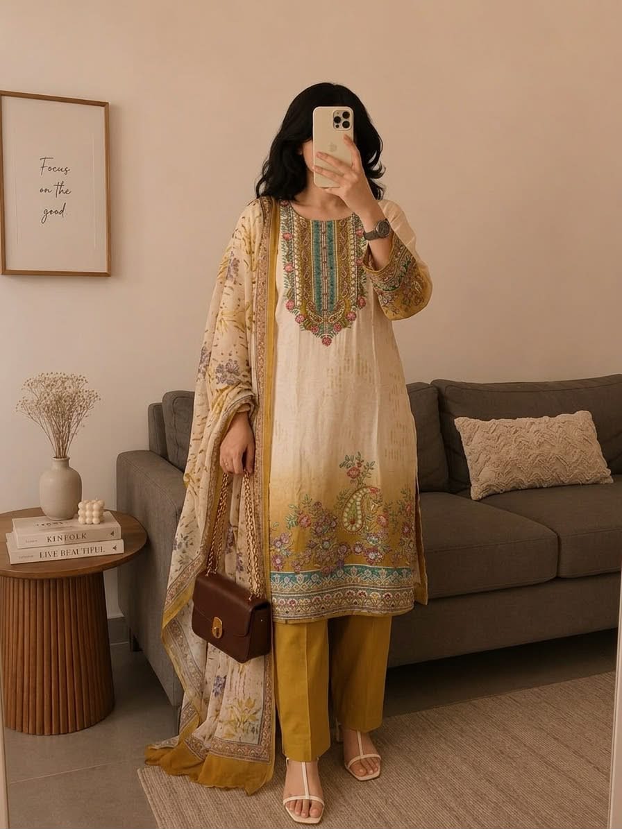 377a7988-3382-4692-bd78-b6477d47db23 Elegant Cream & Mustard Embroidered 3-Piece Kurti Suit Set - Image 1