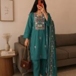Teal Blossom Embroidered 3-Piece Shalwar Set