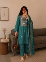 Teal Blossom Embroidered 3-Piece Shalwar Set