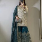  "Royal Peacock" – Heavy Gold & Teal Embroidered Sharara Set