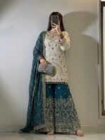  "Royal Peacock" – Heavy Gold & Teal Embroidered Sharara Set
