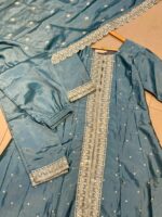 Elegant Teal Blue Embroidered 3-Piece Shalwar Set - Image 2