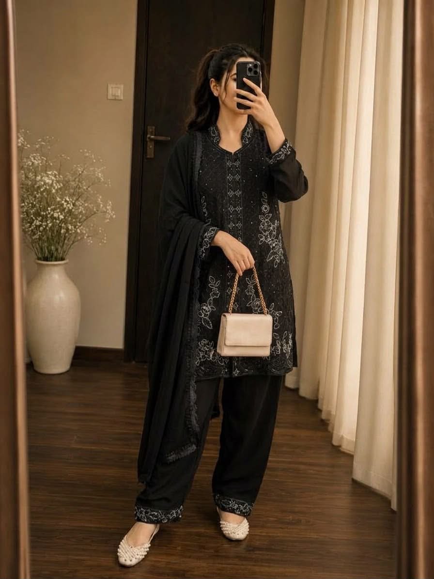560e4c34-e838-4ae4-85b3-651df6f804ab Sophisticated Black Embroidered 3-Piece Shalwar Set - Image 1