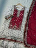 Luxurious White & Maroon Embroidered Sharara Set - Image 4