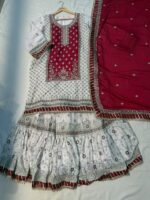 Luxurious White & Maroon Embroidered Sharara Set - Image 3
