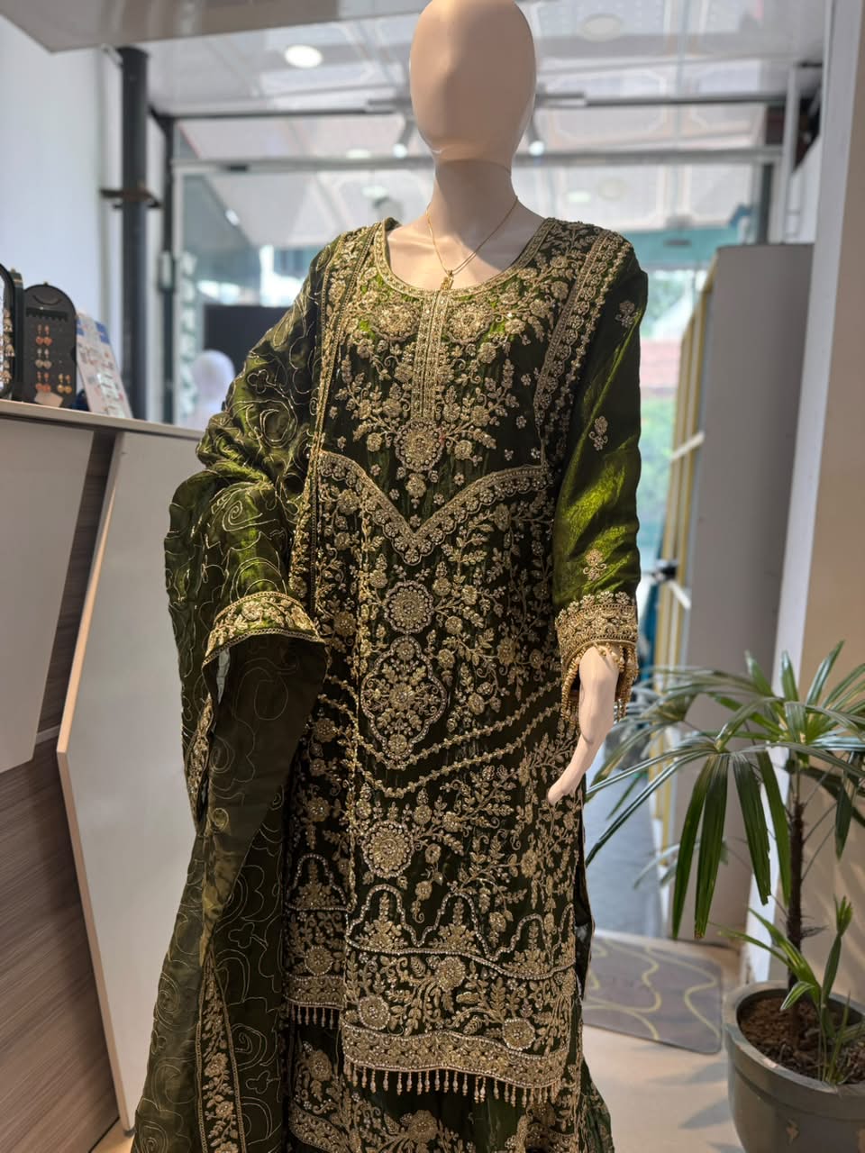 cfcca12c-04e2-4513-b703-068801a31c7c Opulent Emerald Green Heavy Embroidered 3-Piece Sharara Set - Image 1